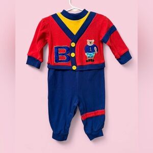 Vintage Small Steps Baby Football Bear Romper 12M Red Blue One Piece